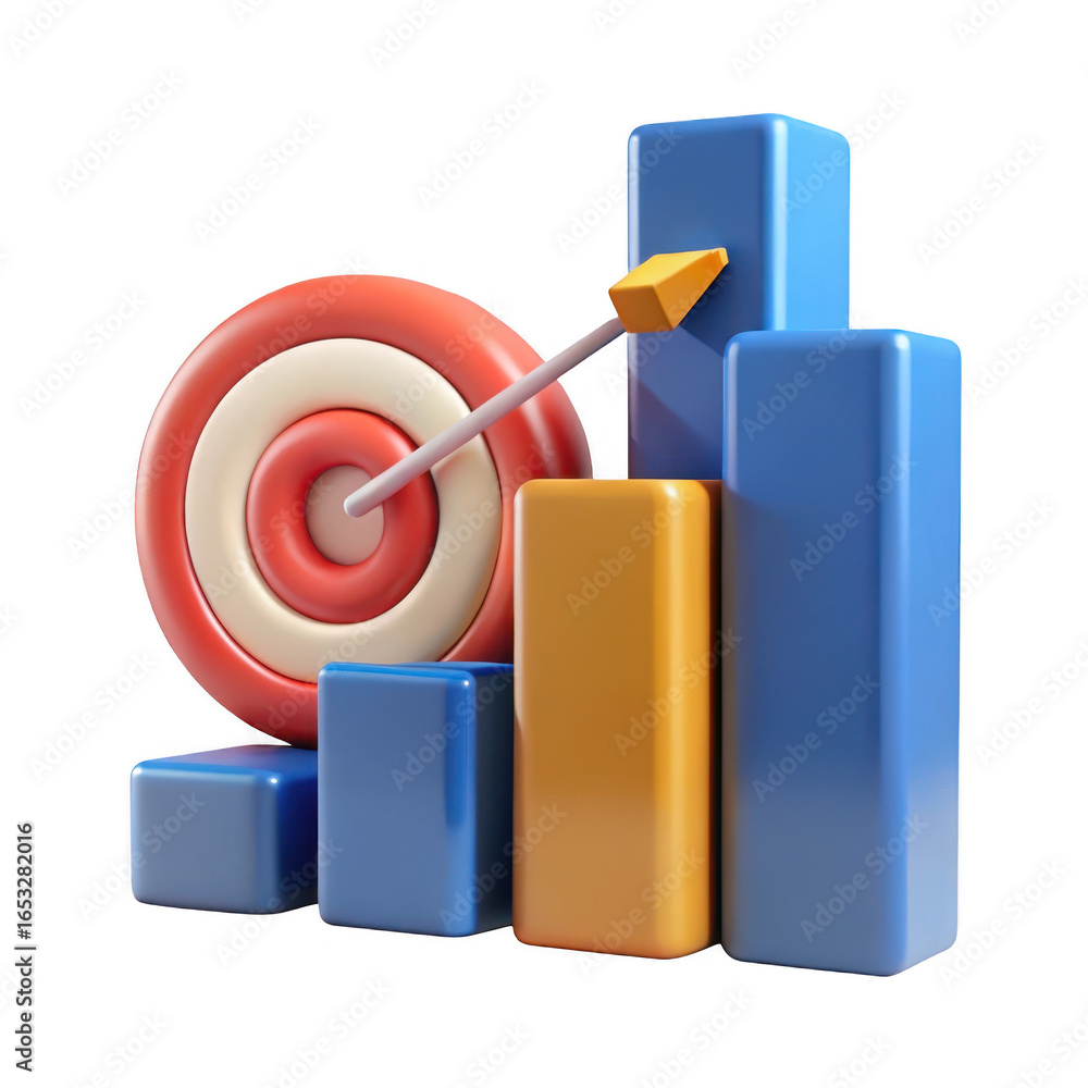 Poster 3d business growth chart with target and arrow isolated on transparent background