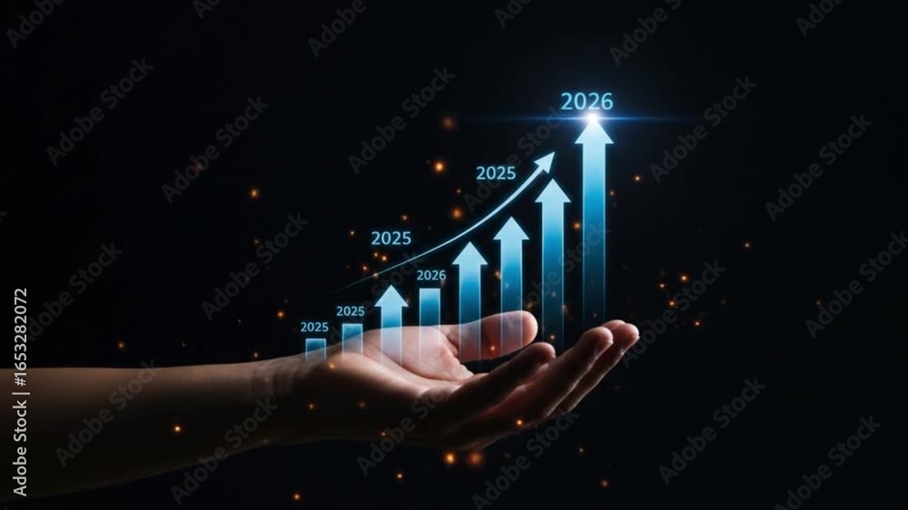Poster hand holding a growing chart with years from twenty twenty five to twenty twenty six on a dark backg