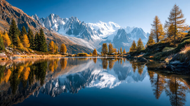 Serene mountain lake with autumn foliage and snow-capped peaks reflecting in pristine waters - Powered by Adobe