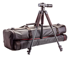Professional camera tripod with carrying bag and strap isolated on transparent background