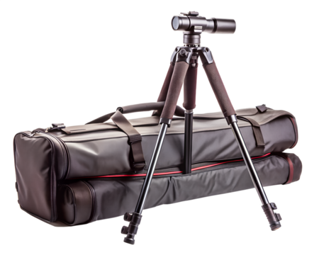 Professional camera tripod with carrying bag and strap isolated on transparent background