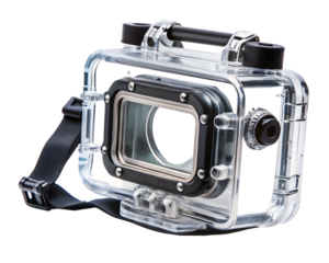 Clear waterproof camera housing case for underwater action sports photography isolated on transparent background