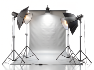 Photography studio lighting equipment with softboxes and a backdrop, isolated on transparent background