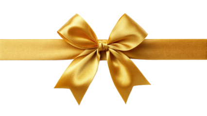 luxury yellow gold color satin ribbon with bow PNG, cutout isolated on transparent background.