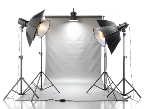 Photography studio lighting equipment with softboxes and a backdrop, isolated on transparent background