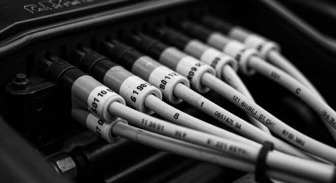 Macro view of bundled network cables with identifying labels