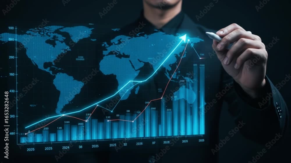 Poster person in suit analyzing graph with world map background and writing on it with a white stylus pen