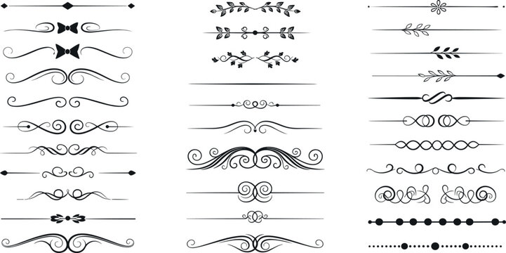 A large collection of vintage decorative text dividers, calligraphic flourishes, and ornamental page borders for elegant design.