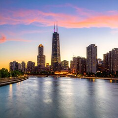 Fototapeta premium City skyline at sunset with glowing lights and dramatic sky