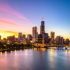 Fototapeta premium City skyline at sunset with glowing lights and dramatic sky
