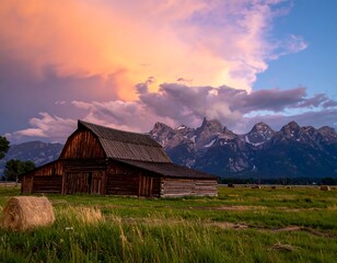 Rustic barn at sunset over mountains