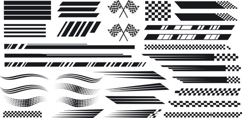 Dynamic collection of racing stripes and checkered flag graphics. Set of abstract speed motion lines and sport elements for vehicle decals.