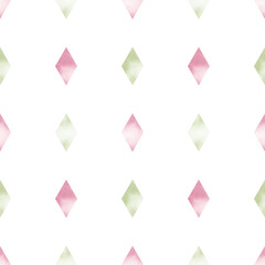 Rhombuses, green and pink seamless pattern watercolor illustration. Rhombus ornament in delicate spring colors. Abstract background of geometric shapes. Mosaic for textiles, wallpaper