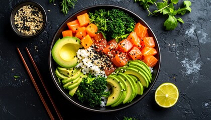 Colorful poke bowl with rice, fish, and vegetables