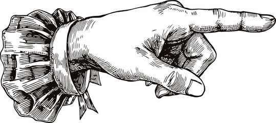 Vector engraving hand of gentleman or senior in pointing finger gesture. Vintage old book style illustration.
