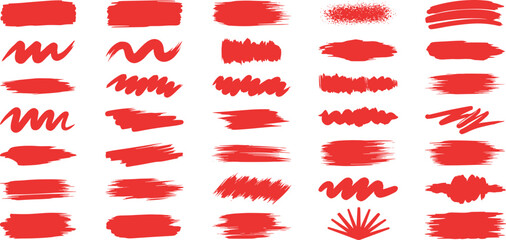 A diverse set of hand-drawn red brush strokes and paint textures. Collection of artistic vector design elements, including scribbles, underlines, and grunge marks for creative projects.
