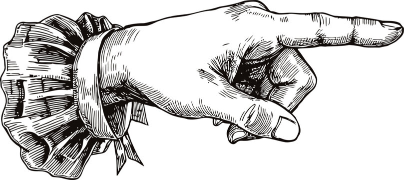 Vector engraving hand of gentleman or senior in pointing finger gesture. Vintage old book style illustration.