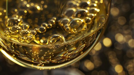 close-up macro shot of a glass filled with golden champagne