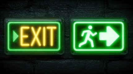 Emergency exit sign templates with arrows, running figures, and glowing effects in editable layouts, perfect for building signage kits