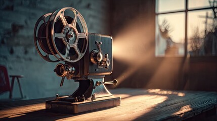 Obraz premium Vintage projector casting light on a wooden table.