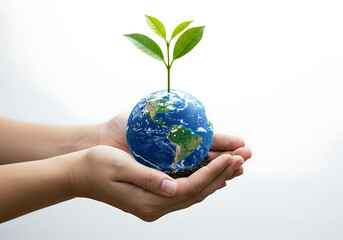 Hands holding planet earth with green sprout image