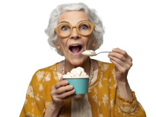 Senior Caucasian woman eating ice cream with spoon, mouth wide open, isolated on white or transparent background