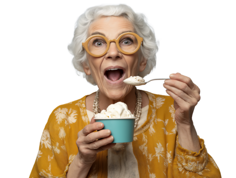 Senior Caucasian woman eating ice cream with spoon, mouth wide open, isolated on white or transparent background