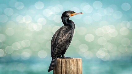 Black cormorant bird perched on wooden post near water 