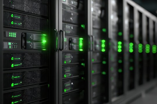 Server Room Data Center with Rows of Rack Mounted Servers and Green LED Lights