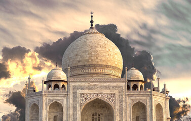Taj Mahal, Indian landmark, architecture. Mughal historical building. Famous monument in India,