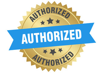authorized. authorized round blue and gold label isolated on transparent background