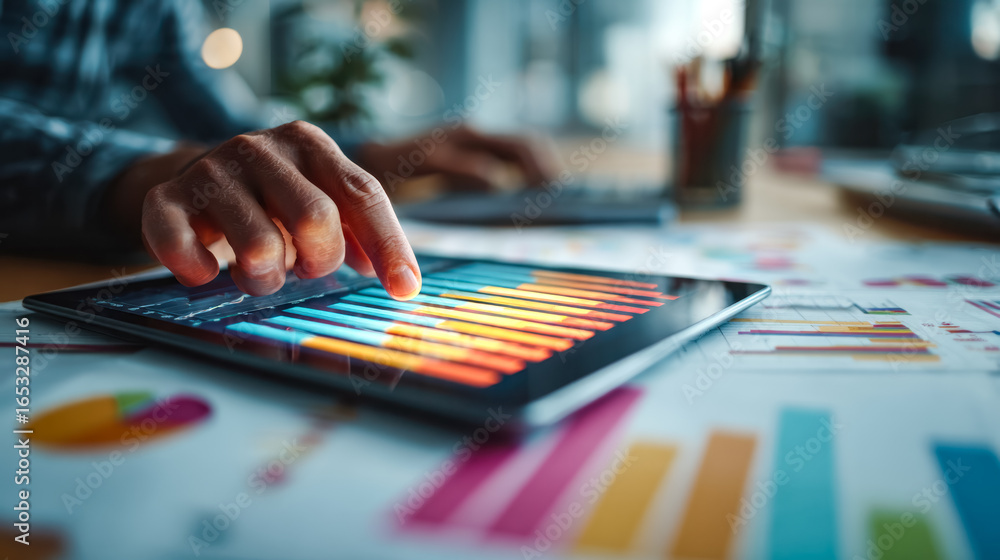 Aufkleber hands analyzing colorful data on a digital tablet in a modern office setting