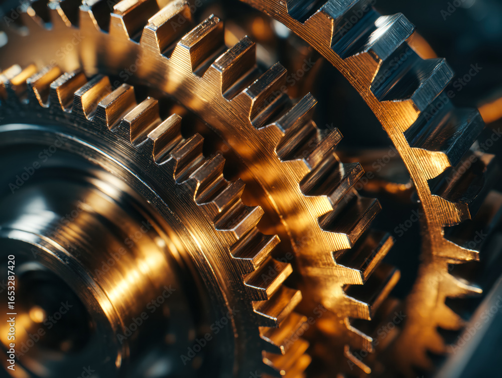 Poster close-up of interlocking metallic gears highlighting precision engineering