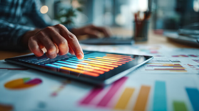Hands analyzing colorful data on a digital tablet in a modern office setting
