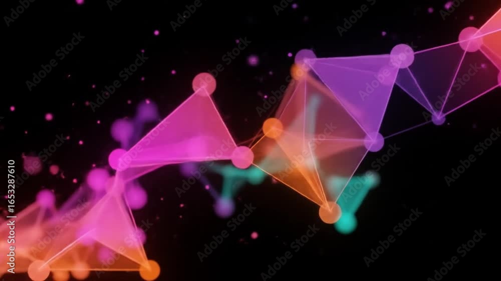 Poster abstract geometric shapes connected by lines and dots in vibrant colors on a black background