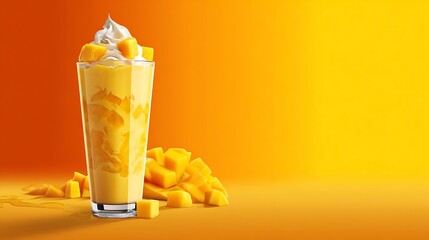 Fresh mango smoothie recipe with whipped cream and mango chunks for summer drink and healthy lifestyle