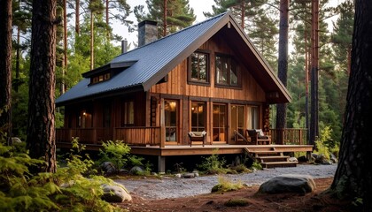 Cozy wooden cabin nestled in a forest