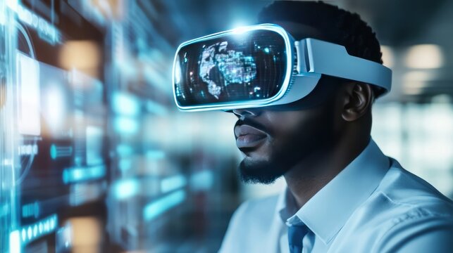 Office worker wearing VR glasses with a metaverse hologram and digital interface.
