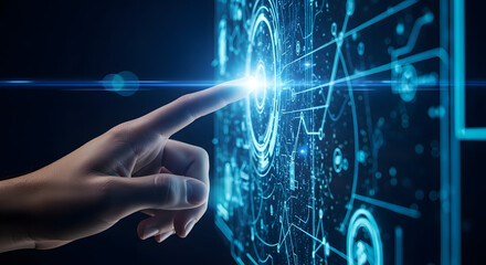 Human finger touching futuristic digital interface with blue glowing data
