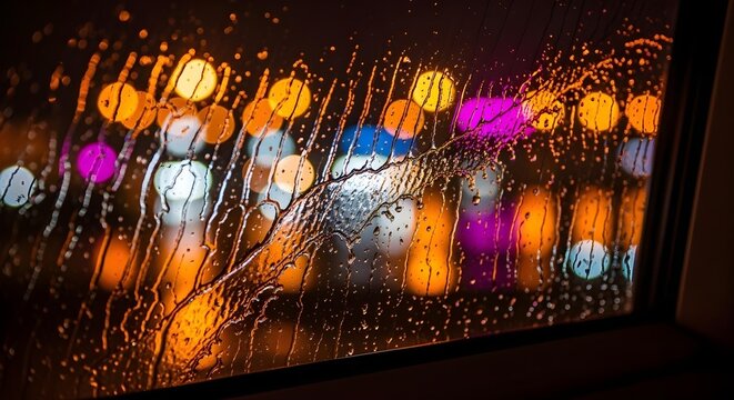 Time-lapse of raindrops forming streams on a window during a storm