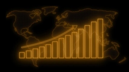 Stylized world map with a glowing bar graph overlay, indicating growth and trends animation - Powered by Adobe