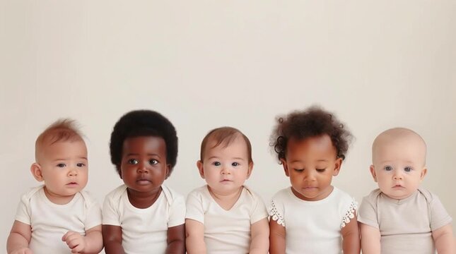 Group of diverse babies sitting together, showcasing joyful expressions and playful interactions, capturing the essence of childhood innocence and connection in a warm, inviting atmosphere