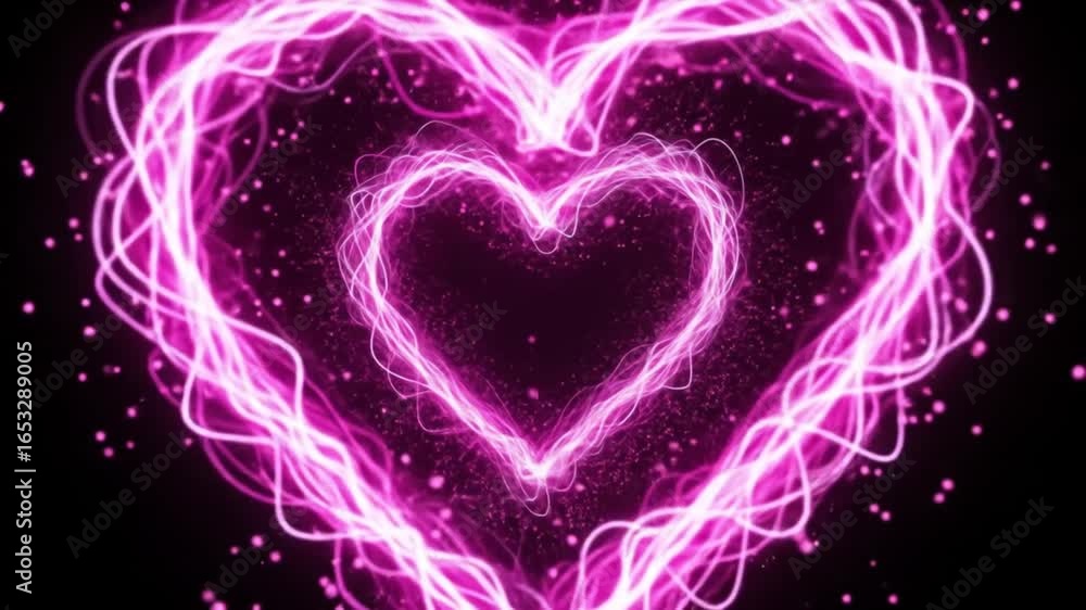 Poster a pink neon heart shape with glowing particles on a black background creating a romantic effect art