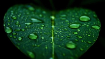 A close up of a green leaf covered in water droplets against a dark background creating a calm scene - Powered by Adobe