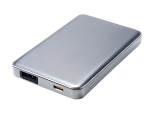 Portable external hard drive for data backup and storage, isolated on transparent background