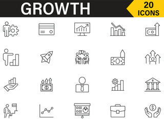 Growth icon set. Set of 20 icons related to personal, financial growth, professional, progress, career, arrows up, development, goal and more outline symbol collection. Vector illustration. eps 10