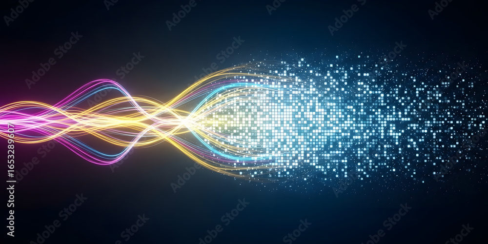 Poster abstract digital waveform transforming into data particles