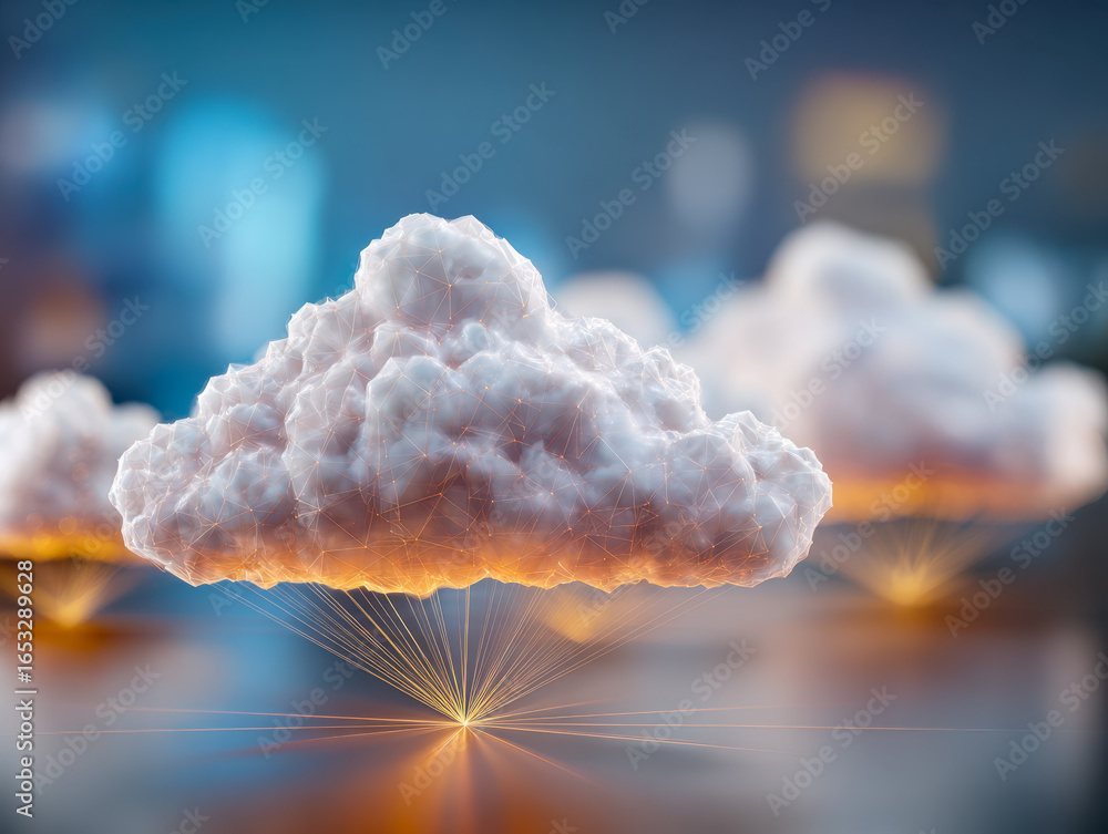 Poster digital cloud concept with interconnected nodes and data lines