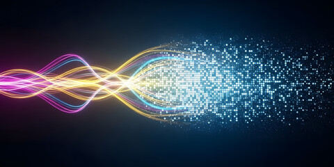 Abstract digital waveform transforming into data particles