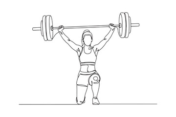 Continuous Line Drawing of a woman weightlifting with barbell overhead isolated on white background in line art style